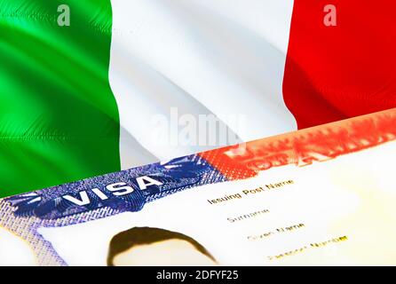 Italien Einwanderungsdokument Nahaufnahme. Passvisum auf Italien Flagge. Italien Besuchervisum im Pass, 3D Rendering. Italien Multi Einreisevisum im Pass. Stockfoto