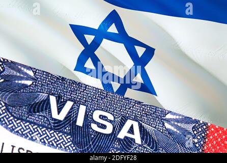 Israel Visa Dokument, mit Israel Flagge im Hintergrund. Israel Flagge mit Nahaufnahme Text VISA auf USA Visumstempel im Pass, 3D Rendering.Visa Pass sta Stockfoto