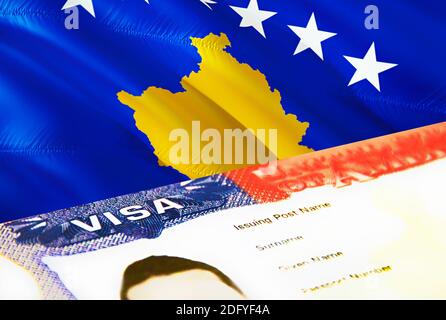 Kosovo-Einwanderungsdokument aus nächster Nähe. Passvisum auf Kosovo Flagge. Kosovo Besuchervisum im Pass, 3D Rendering. Kosovo Multi Einreisevisum in passpo Stockfoto