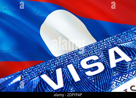 Laos Visum Dokument aus nächster Nähe. Passvisum auf Laos Flagge. Laos Besuchervisum im Pass, 3D Rendering. Laos multi Eingang im Pass. Nahaufnahme des Visums Stockfoto