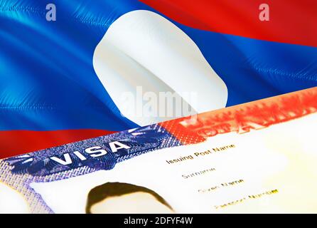 Laos Einwanderungsdokument aus nächster Nähe. Passvisum auf Laos Flagge. Laos Besuchervisum im Pass, 3D Rendering. Laos multi Einreisevisum im Pass. USA Stockfoto