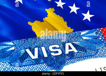 Kosovo-Visum. Reise nach Kosovo mit Schwerpunkt auf Word VISA, 3D-Rendering. Kosovo einwandern Konzept mit Visum im Pass. Kosovo Tourismus Eingang im Pass Stockfoto