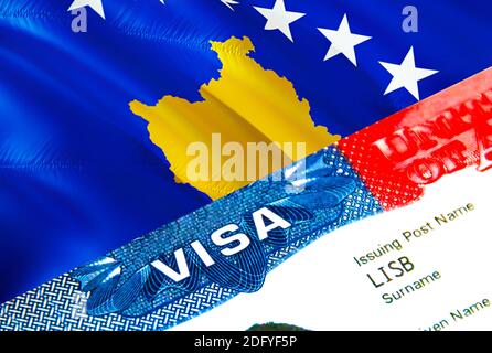 Kosovo-Einwanderungsvisum. Nahaufnahme Visa für den Kosovo mit Schwerpunkt auf Word VISA, 3D-Rendering. Reise oder Migration nach Kosovo Destination Konzept mit Visum in pa Stockfoto