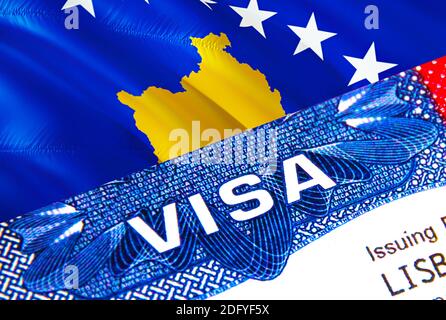 Kosovo Visum im Pass. USA Immigration Visa für Kosovo-Bürger mit Schwerpunkt auf Word VISA. Reisen Kosovo Visum in nationalen Identifizierung Nahaufnahme, 3D ren Stockfoto