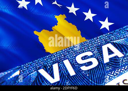 Kosovo-Visadokument aus nächster Nähe. Passvisum auf Kosovo Flagge. Kosovo Besuchervisum im Pass, 3D Rendering. Kosovo Multi Eingang im Pass. Nahaufnahme Stockfoto