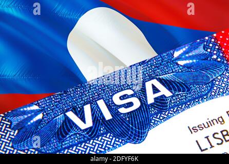 Laos Visum im Pass. USA Immigration Visa für Laos Bürger mit Schwerpunkt auf Word VISA. Reisen Laos Visum in nationalen Identifizierung Nahaufnahme, 3D-Rendering Stockfoto