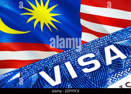 Malaysia Visum Dokument Nahaufnahme. Passvisum auf Malaysia Flagge. Malaysia Besucher Visum im Pass, 3D-Rendering. Malaysia Multi Eingang im Pass. Stockfoto