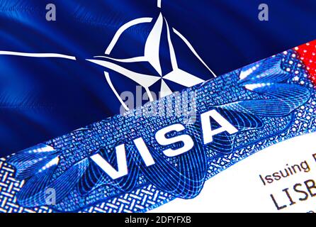 NATO-Visum im Reisepass. USA Immigration Visa für NATO-Bürger mit Schwerpunkt auf Word VISA. Reisen NATO-Visum in nationalen Identifizierung Nahaufnahme, 3D-Rendering Stockfoto