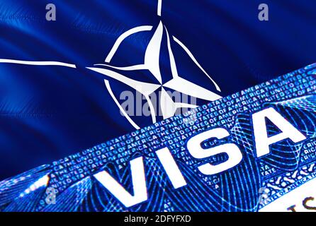 NATO-Visadokument aus nächster Nähe. Passvisum auf NATO-Flagge. NATO-Besuchervisum im Pass, 3D-Rendering. NATO Multi Eingang im Pass. Nahaufnahme des Visums Stockfoto