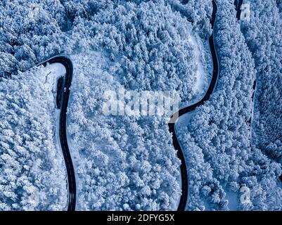 Atemberaubende Winterlandschaft mit schneebedeckten Bäumen und Wald, wie eine Straße durch die Landschaft schneidet. Stockfoto
