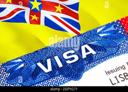 Niue Visa im Reisepass. USA Einwanderungsvisum für Niue Bürger mit Schwerpunkt auf Word VISA. Reise Niue Visum in nationalen Identifizierung Nahaufnahme, 3D-Rendering Stockfoto