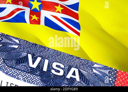 Niue Visadokument, mit Niue-Flagge im Hintergrund. Niue Flagge mit Nahaufnahme Text VISA auf USA Visumstempel im Reisepass, 3D Rendering.Visa Passstempel tra Stockfoto