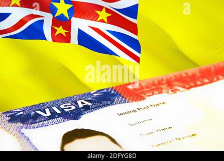 Niue Einwanderungsdokument aus nächster Nähe. Passvisum auf Niue Flagge. Niue Besuchervisum im Pass, 3D-Rendering. Niue Multi Einreisevisum im Pass. USA Stockfoto