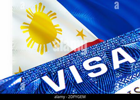 Philippinen Visadokument aus nächster Nähe. Passvisum auf Philippinen Flagge. Philippinen Besucher Visum im Pass, 3D-Rendering. Philippinen Multi Eingang i Stockfoto