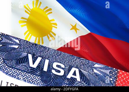 Philippinen Visa Dokument, mit Philippinen Flagge im Hintergrund. Philippinen Flagge mit Nahaufnahme Text VISA auf USA Visumstempel im Reisepass, 3D Rendering.VI Stockfoto