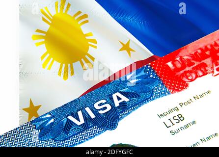 Philippinen Einwanderungsvisum. Nahaufnahme Visa to Philippines mit Schwerpunkt auf Word VISA, 3D-Rendering. Reise oder Migration auf Philippinen Destination Konzept Stockfoto