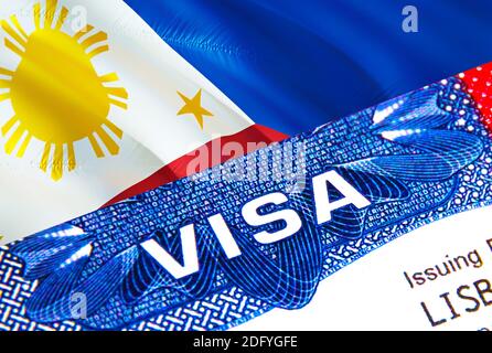 Philippinen Visum im Pass. USA Immigration Visa für philippinische Bürger, die sich auf Word VISA konzentrieren. Reisen Philippinen Visum in nationalen Identifizierung Stockfoto