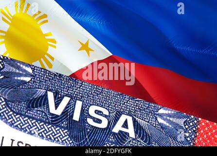 Philippinen Visa Dokument, mit Philippinen Flagge im Hintergrund. Philippinen Flagge mit Nahaufnahme Text VISA auf USA Visumstempel im Reisepass, 3D Rendering.VI Stockfoto