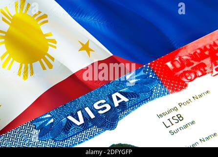 Philippinen Einwanderungsvisum. Nahaufnahme Visa to Philippines mit Schwerpunkt auf Word VISA, 3D-Rendering. Reise oder Migration auf Philippinen Destination Konzept Stockfoto