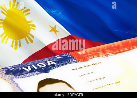 Philippinische Einwanderungsdokument aus nächster Nähe. Passvisum auf Philippinen Flagge. Philippinen Besucher Visum im Pass, 3D-Rendering. Philippinen Multi ent Stockfoto