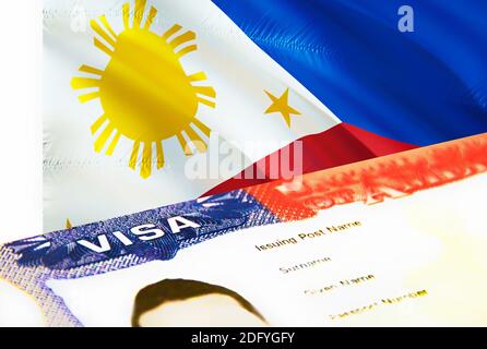 Philippinische Einwanderungsdokument aus nächster Nähe. Passvisum auf Philippinen Flagge. Philippinen Besucher Visum im Pass, 3D-Rendering. Philippinen Multi ent Stockfoto