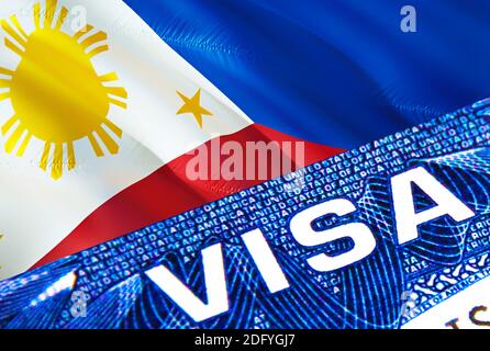 Philippinen Visadokument aus nächster Nähe. Passvisum auf Philippinen Flagge. Philippinen Besucher Visum im Pass, 3D-Rendering. Philippinen Multi Eingang i Stockfoto