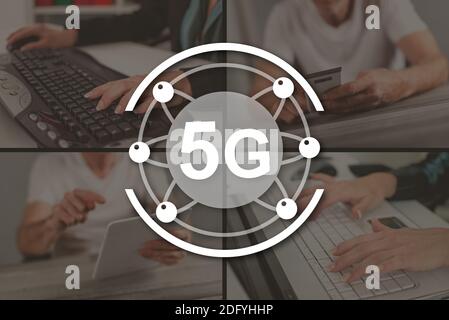 5g-Konzept illustriert durch Bilder im Hintergrund Stockfoto