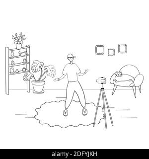 Junge Bloggerin. Tänzerin tanzt vor der Kamera. Guy schießt lustige Videos für soziale Netzwerke. Vektor handgezeichnete Illustration im Cartoon-Stil Stock Vektor