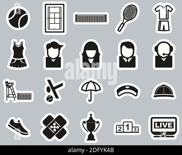 Tennis Sport & Ausrüstung Icons Schwarz & Weiß Sticker Set Groß Stock Vektor