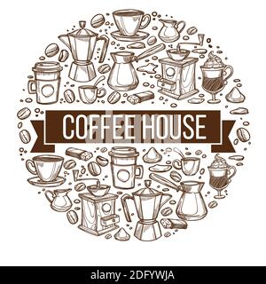 Kaffeehaus Rundbanner mit Tassen und Bohnen Stock Vektor