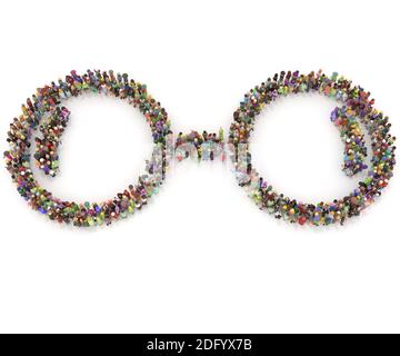 Große Menschenmenge 3D gerendert von oben in gesehen Die Form einer Brille Stockfoto