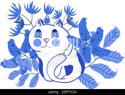 Komposition einer Katze mit verschiedenen Blättern und Blumen hinter dem Rücken. Vektor Stock Vektor