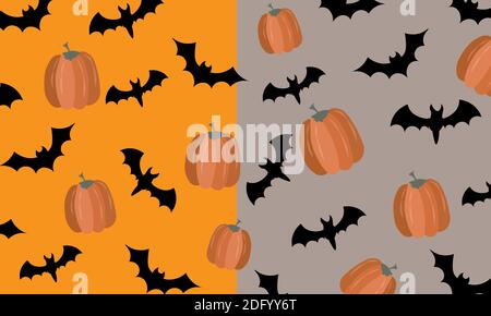 Halloween-Muster mit Fledermäusen und Kürbissen auf zweifarbigem Hintergrund. Vektor Stock Vektor