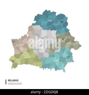 Weißrussland Higt Detailkarte mit Unterteilungen. Verwaltungskarte von Belarus mit Bezirken und Städten Namen, farbig nach Staaten und administrative distrip Stock Vektor