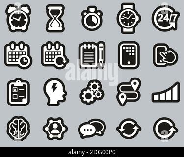 Time Management Icons Weiß Auf Schwarz Sticker Set Groß Stock Vektor