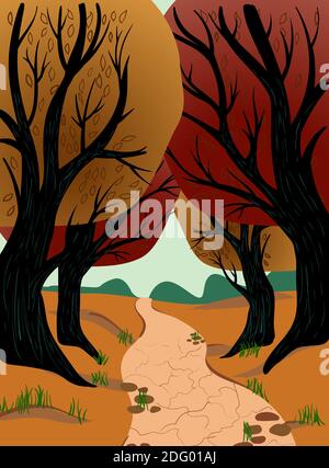 Schotterweg durch Herbstwald mit roten, gelben und orangen Blättern. Vektor Stock Vektor