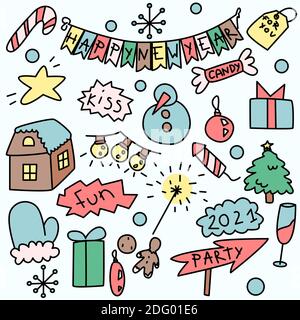 Silvester Party doddle Symbole. Bunte isolierte Weihnachten und Neujahr Ikone Set. Handgezeichnete niedliche Bilder. Stock Vektor