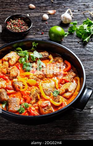 Moqueca baiana - brasilianischer Fischeintopf mit weißem Fisch mit Paprika, Limettensaft, gehackten Tomaten, Kokosmilch, serviert auf einem schwarzen Gericht mit Koriander Stockfoto
