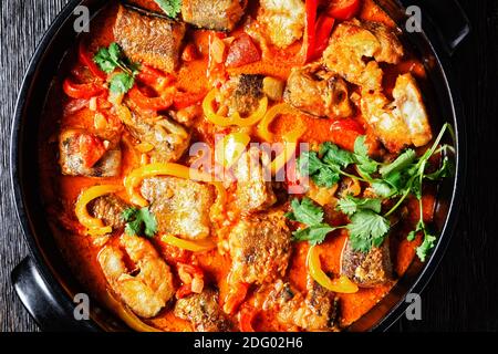 Moqueca baiana - brasilianischer Fischeintopf mit weißem Fisch mit Paprika, Limettensaft, gehackten Tomaten, Kokosmilch, serviert auf einem schwarzen Gericht mit Koriander Stockfoto