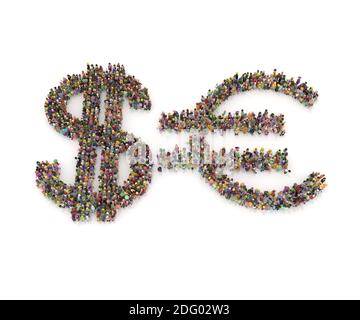 Große Menge von 3D-Menschen von oben in Form von Euro gesehen, Finanzen Stockfoto