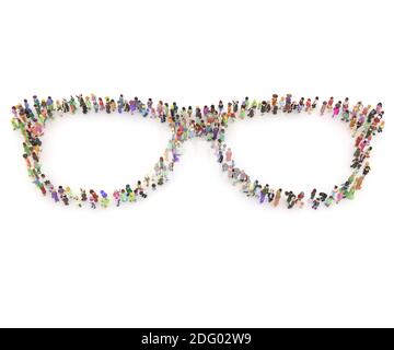 Große Menschenmenge 3D gerendert von oben in gesehen Die Form einer Brille Stockfoto