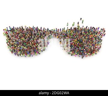 Große Menschenmenge 3D gerendert von oben in gesehen Die Form einer Brille Stockfoto