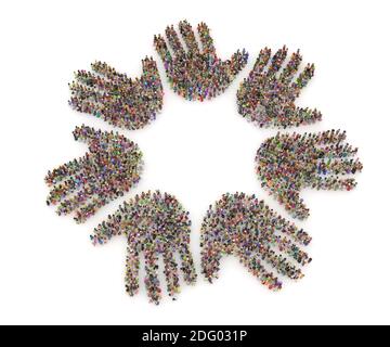 Große Menschenmenge in Form von Händen. Nahaufnahme von jungen Geschäftsleuten, die ihre Hände zusammenlegen. Stapel Hände. Einheit und Teamarbeit. Stockfoto