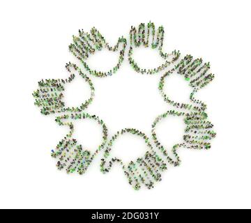 Große Menschenmenge in Form von Händen. Nahaufnahme von jungen Geschäftsleuten, die ihre Hände zusammenlegen. Stapel Hände. Einheit und Teamarbeit. Stockfoto