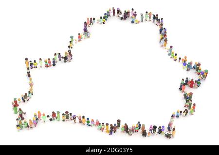 Große Menschenmenge mit Maske 3D gerendert aus gesehen Oben in Form der Weißrusslandkarte Stockfoto