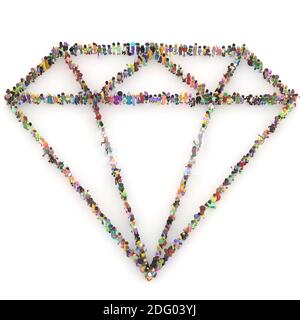 Große Menschenmenge Maske 3D gerendert von oben gesehen In der Form der Liebe Stockfoto