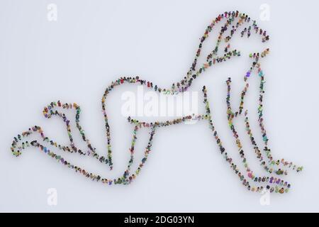 Große Menschenmenge Maske 3D gerendert von oben gesehen In der Form der Liebe Stockfoto