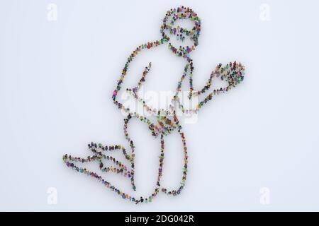 Große Menschenmenge Maske 3D gerendert von oben gesehen In der Form der Liebe Stockfoto