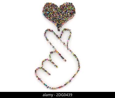 Große Menschenmenge Maske 3D gerendert von oben gesehen In der Form der Liebe Stockfoto