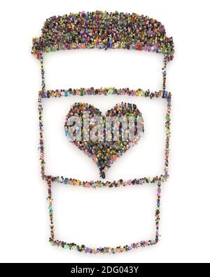 Große Menschenmenge Maske 3D gerendert von oben gesehen In der Form der Liebe Stockfoto